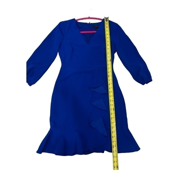 J. Crew Drapey Ruffle Front Dress, Long Sleeves, Faux Wrap, Ocean Blue size 0P - Picture 9 of 14